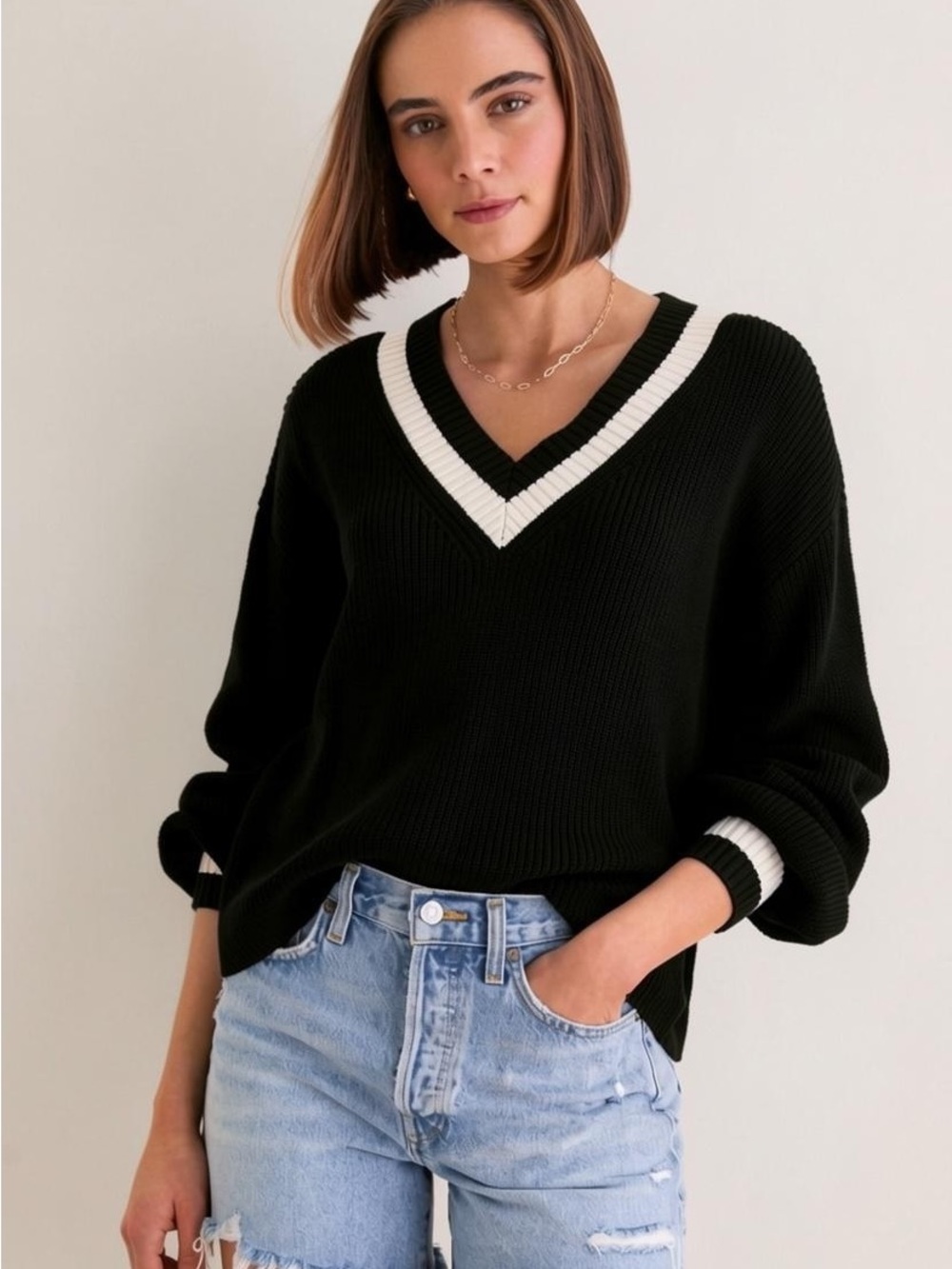 NWT Tuckernuck Black Cream Striped Ashe V neck Sweater Sz L